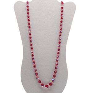 Vintage Red Faceted Crystal Beaded Necklace With Aurora Borealis Finish No clasp